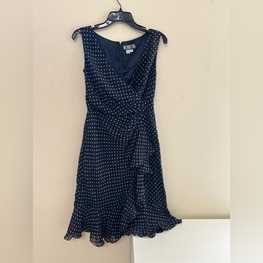 Melinda Eng Blue and white polka dotted Ruffled Tiered Midi Dress with scarf - Picture 2 of 11